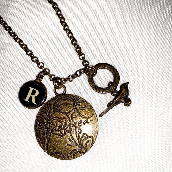 PENDANT NECKLACE “Redeemed” Floral Medallion, 3D Bird, R Charm Bronze Religious - Picture 6 of 12
